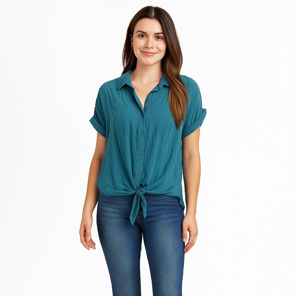 Anthropologie Cloth & Stone Teal Tie Button Down Blouse- Large
